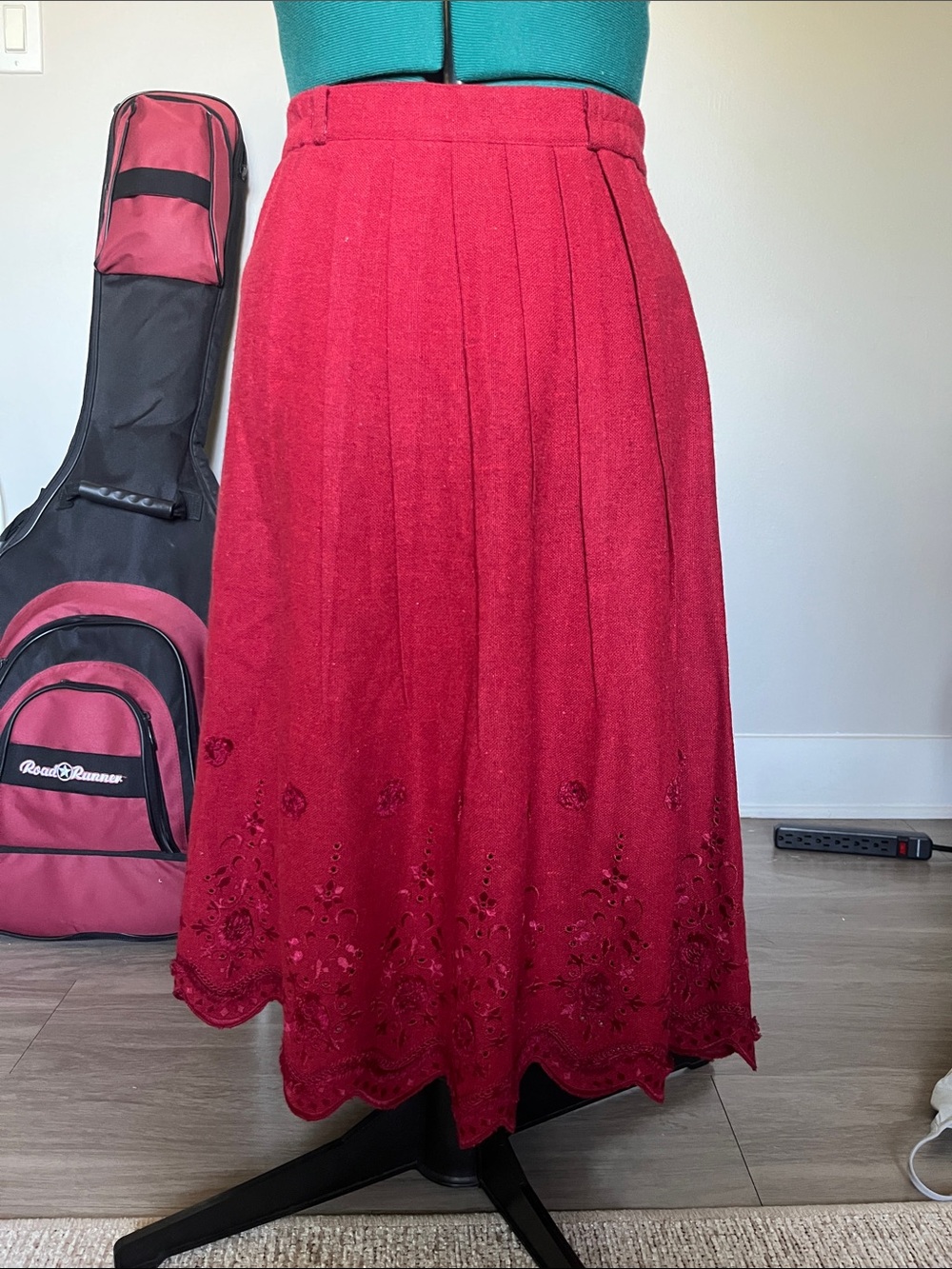 Women's Red Embroidered Midi Skirt